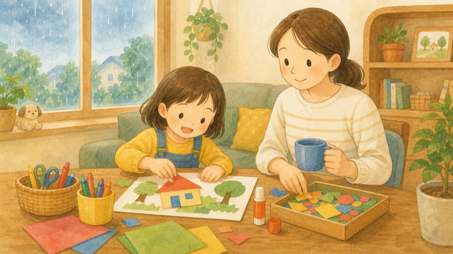 雨の日に家の中で親子が工作をしている水彩イラスト